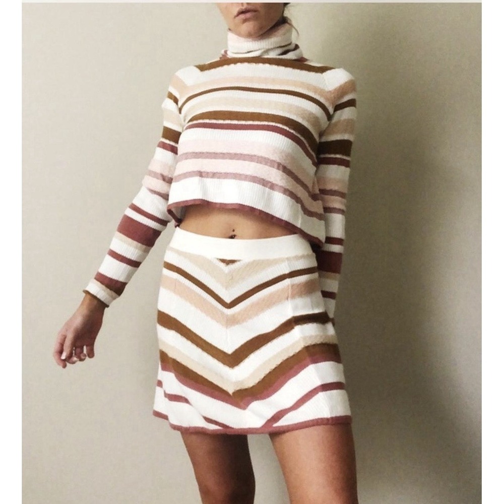 NWT Free People Stripe Turtleneck Sweater & Chevron Mini Skirt Set XS Neutral